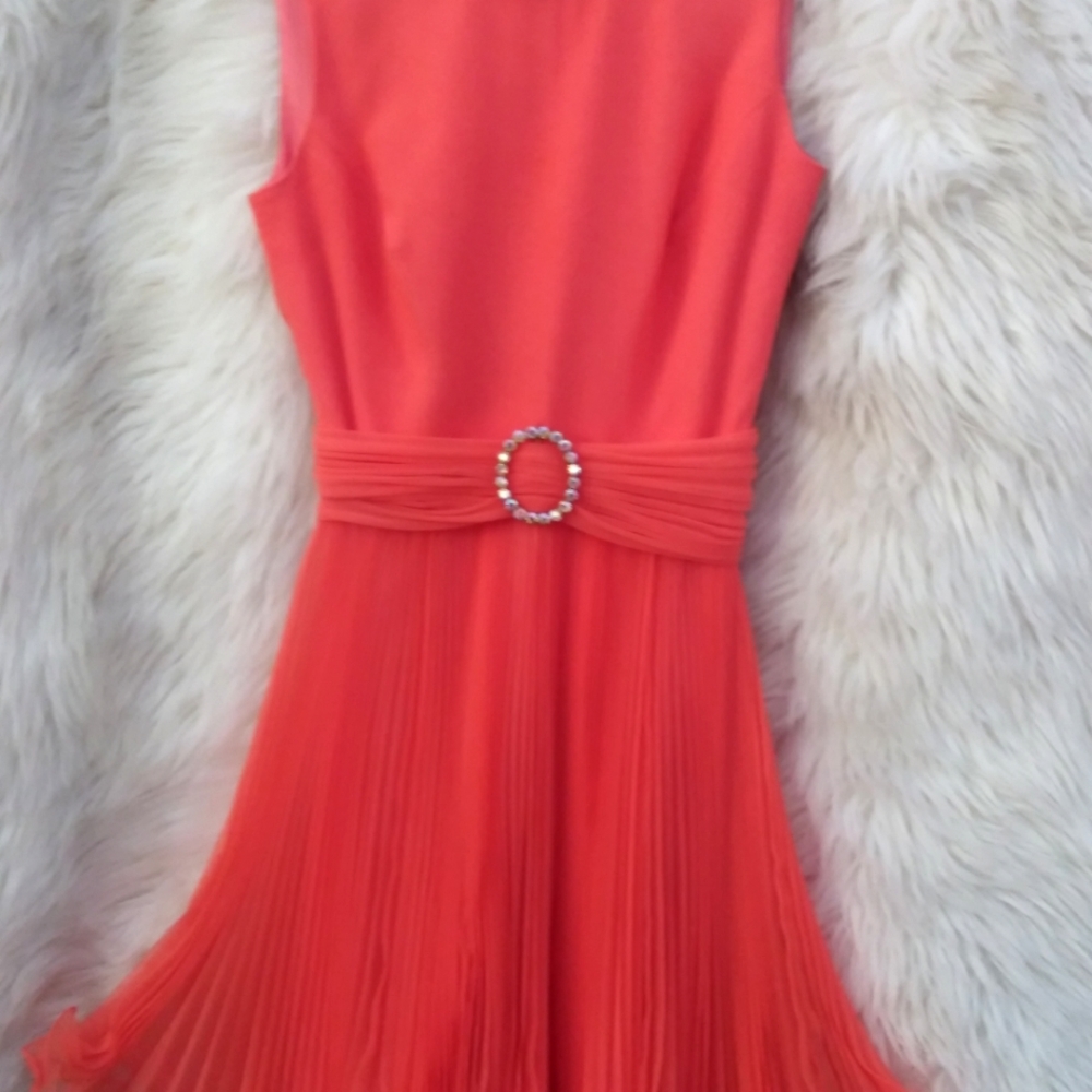 Vintage Jack Bryan Dress Chiffon Coral 60s Pleated Lettuce Ruffle Skirt Small - Picture 2 of 9